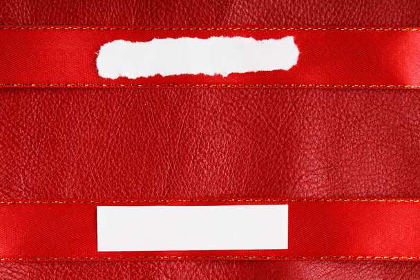 Piece scrap papers blank copy space on red ribbon leather background - Фото, зображення
