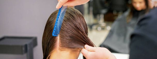 Задний вид на руки парикмахера прощание длинные волосы молодой женщины в парикмахерской - Фото, изображение