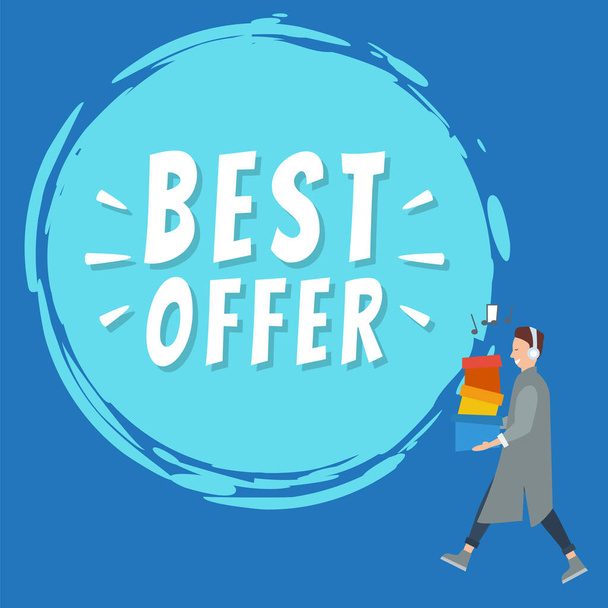 Promotion of sales and discounts. Young guy with headphones going to the store on black friday - Vector, Image