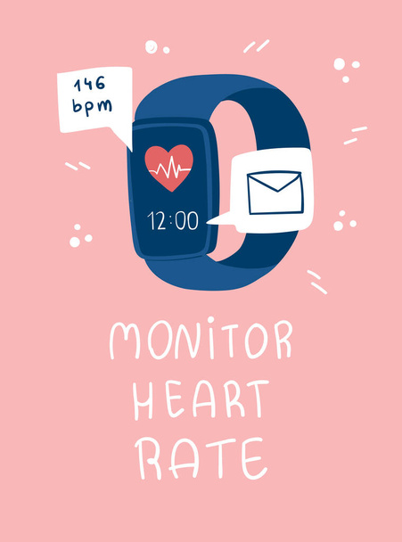 Reloj inteligente con el correo electrónico y los iconos de frecuencia cardíaca. Monitorear las letras de frecuencia cardíaca. - Vector, imagen