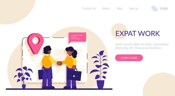 Expat work concept. Human resources agency for migrants. Effective migrant workers, expatriate programme, outside country employment. Modern flat illustration. - Vector, Image