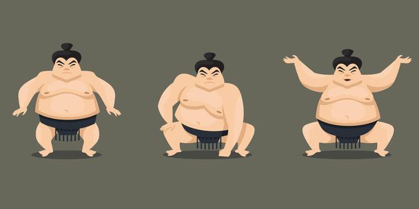  Sumo wrestler in different poses. Male character in cartoon style. - Vector, Image