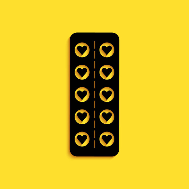 Black Pills love in the shape of a heart in blister pack icon isolated on yellow background. Love, therapy, counseling sign. Long shadow style. Vector. - Vektori, kuva