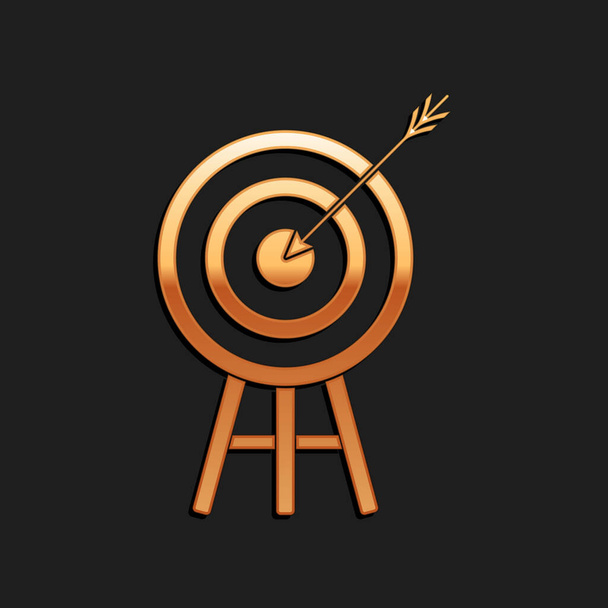 Gold Target with arrow icon isolated on black background. Dart board sign. Archery board icon. Dartboard sign. Business goal concept. Long shadow style. Vector. - Vector, Image
