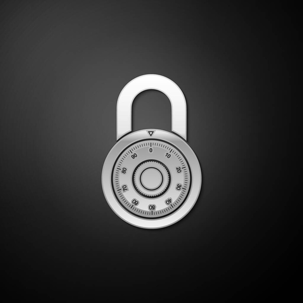 Silver Safe combination lock wheel icon isolated on black background. Combination Padlock. Protection concept. Password sign. Long shadow style. Vector. - Vector, Image