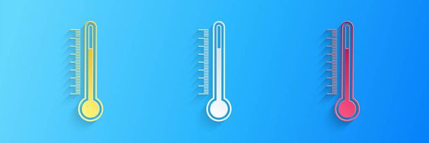 Papírvágás hőmérő ikon elszigetelt kék háttérrel. Papírművészeti stílus. Vektor. - Vektor, kép