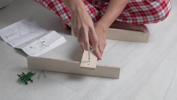 Close-up de mãos femininas montar uma pequena prateleira de madeira de acordo com as instruções - Filmagem, Vídeo