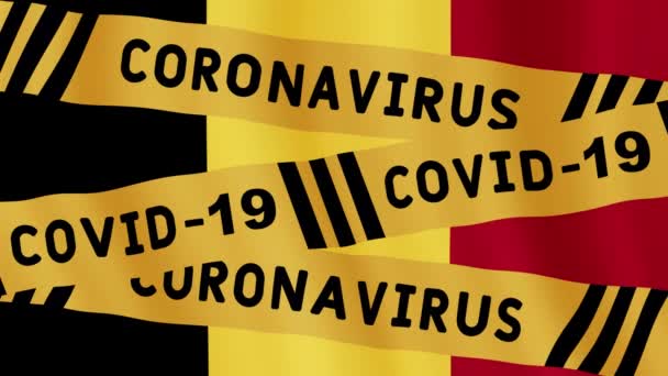 Animated concept caution quarantine. warning tape over Belgium flag. Covid-19 Virus tape. Isolation attention animated motion graphic concept video.  Corona virus pandemic information. - Footage, Video
