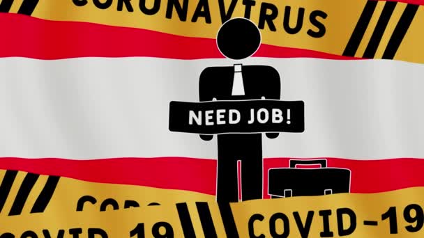 A gazdasági válság koncepciója egy világjárvány idején. Osztrák zászló egy férfival, aki táblát tart a "Need Job" felirattal és a Covid-19 vírusszalaggal. Munkanélküliségi koncepció Ausztria lobogója alatt. - Felvétel, videó