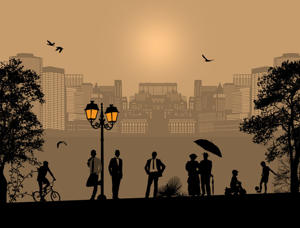 krásné panoráma města a lidé silueta - Vektor, obrázek