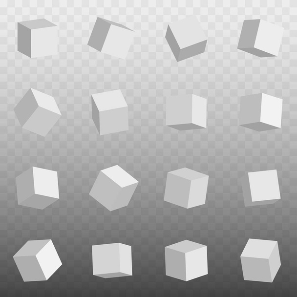 Beyaz küplerin üç boyutlu simgeleri var. Şeffaf arkaplanda izole edilmiş. Gerçekçi 3 boyutlu kareler farklı pozisyonlarda. Vektör illüstrasyonu - Vektör, Görsel