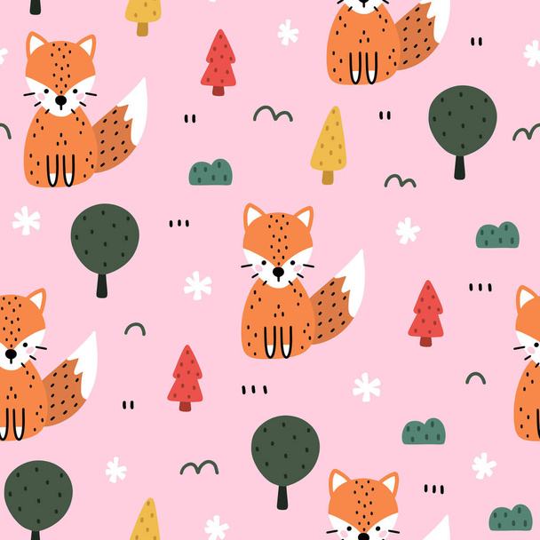 Cute seamless pattern in Scandinavian style. Winter scene with fox, forest, snowflakes and Christmas tree. Hand drawn doodle style vector illustration. - Vector, Image