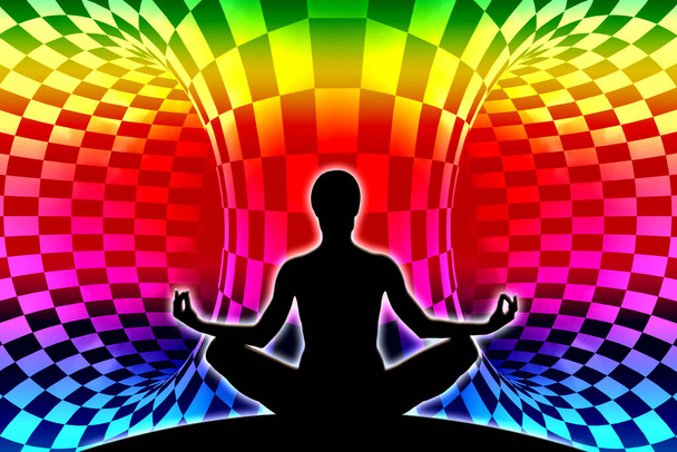 Vrouwelijke yoga figuur silhouet in vreemde kleurrijke ronde kamer.  - Foto, afbeelding
