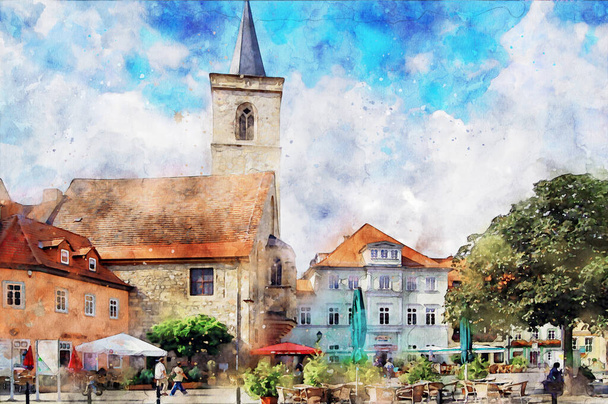 Watercolor painting of Erfurt with its wenige markt place with Aegidien church. Erfurt capital of Thuringia - Valokuva, kuva