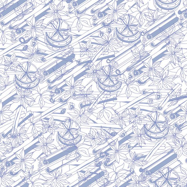 Desenho de contorno de especiarias canela e anis, textura azul sem costura em um fundo branco para o seu menu de design, café, papel para decoração. - Vetor, Imagem