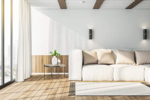 Cozyliving interior with white couch. Workplace and lifestyle concept. 3D Rendering - Fotografie, Obrázek