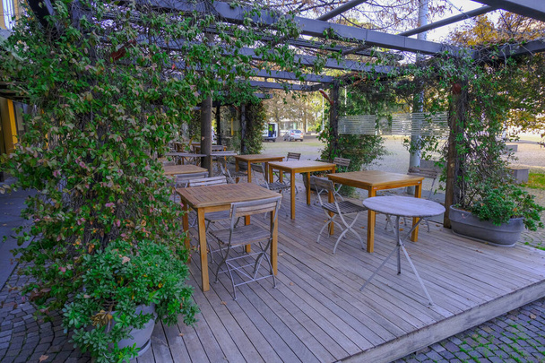 terrace restaurant. Wooden tables and chairs in a garden across green trees and bushes. Furniture outdoors - Photo, Image