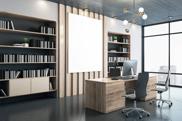Office with bookcase and computer on wooden table and blank banner on wall. Workplace and company concept. 3D Rendering - Фото, изображение