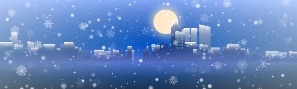 Blick auf die verschneite nächtliche Stadt. Weihnachten im neuen Jahr. Helles Licht des Mondes und Sterne am Nachthimmel der Stadt. Vektorillustration in flachem Stil. Schöner Hintergrund mit Beleuchtung. - Vektor, Bild