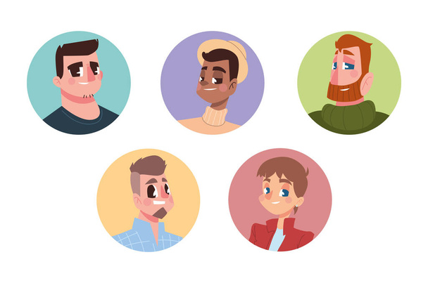 mannen verschillende stijl personages avatar in cartoon ronde pictogram - Vector, afbeelding