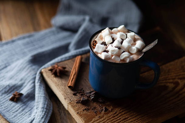 cup of hot chocolate with marshmallows and cinnamon - Фото, зображення