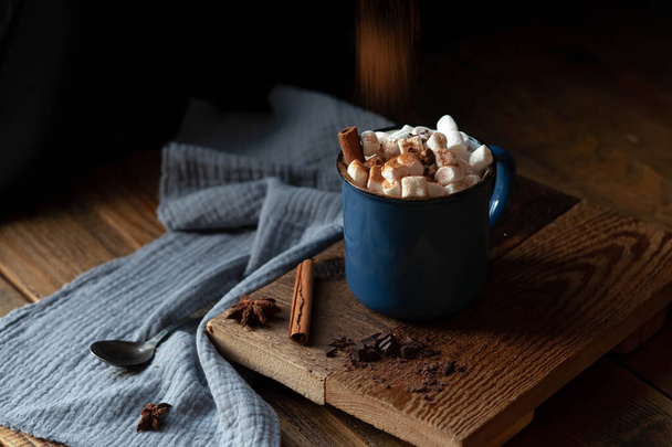 cup of hot chocolate with marshmallows and cinnamon - Φωτογραφία, εικόνα