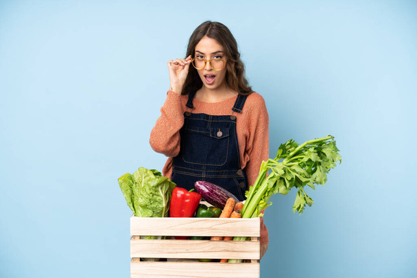 Bauer mit frisch gepflücktem Gemüse in einer Kiste mit Gläsern und überrascht - Foto, Bild
