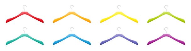 Cabide de roupas coloridas, conjunto coathanger plástico, várias cores, coleção colorida gradiente arco-íris. Ilustração vetorial isolada sobre fundo branco. - Vetor, Imagem