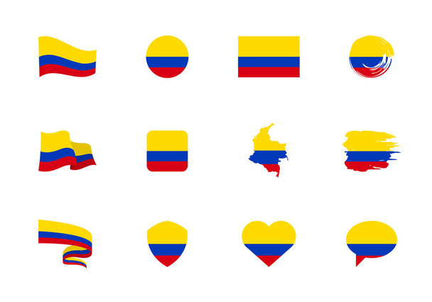 Σημαία Κολομβίας - επίπεδη συλλογή. Σημαίες διαφορετικού σχήματος δώδεκα επίπεδες εικόνες. Σύνολο εικονογράφησης διανύσματος - Διάνυσμα, εικόνα