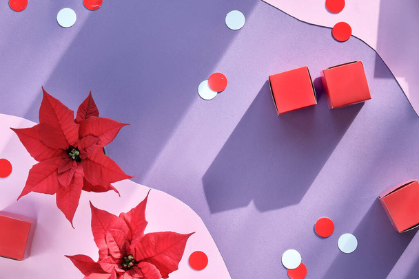 Christmas festive background with red decorations on two tone purple paper with long shadows. Poinsettia flowers, gift boxes, dual-color paper confetti circles. Trendy top view, bold color concept. - Фото, зображення