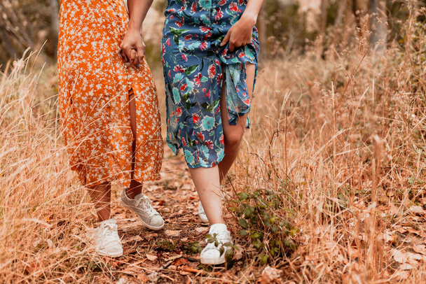 Two young lesbians walking in the woods wearing long dresses - Foto, afbeelding