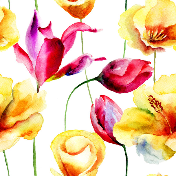 Seamless pattern with Poppy and Tulips flowers - Fotoğraf, Görsel