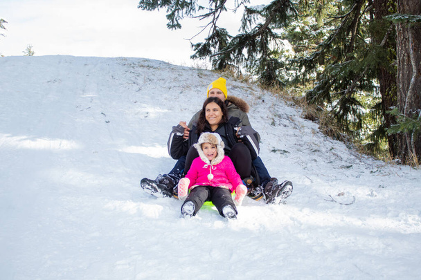Szczęśliwa młoda rodzina schodząca z małego zaśnieżonego wzgórza na sankach - Zdjęcie, obraz
