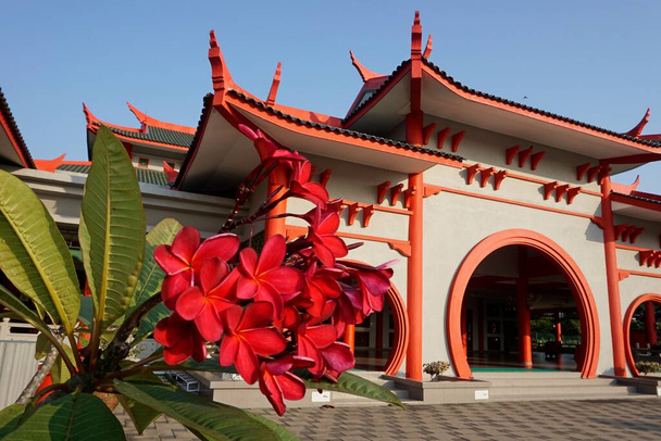 Melaka, Malaysia-July 1, 2019; infront view of Melaka Chinese Mosque located at Krubong, Melaka - Zdjęcie, obraz