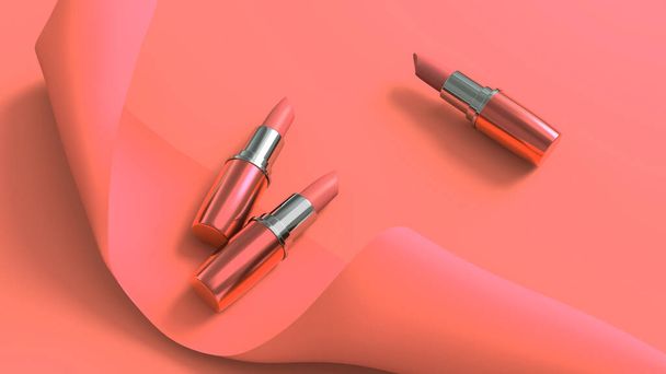 Luxury lipsticks and peach colour ribbon make-up and cosmetics for beauty brand product design. Glamorous and fashionable lipsticks and accessories . - Photo, Image