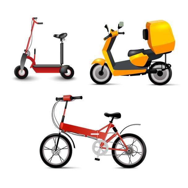 Realistic youth city transport set on white background. Bicycle, gyroscooter and bike. Modern alternative city transport. Ecological teenager transport, isolated icon. - Wektor, obraz