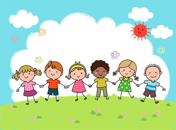 Hand drawn cartoon kids holding hands together outdoor - Vector, Image