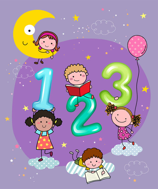Vektorová ilustrace 123 čísel s ručně kreslenými dětmi na obloze v noci. - Vektor, obrázek