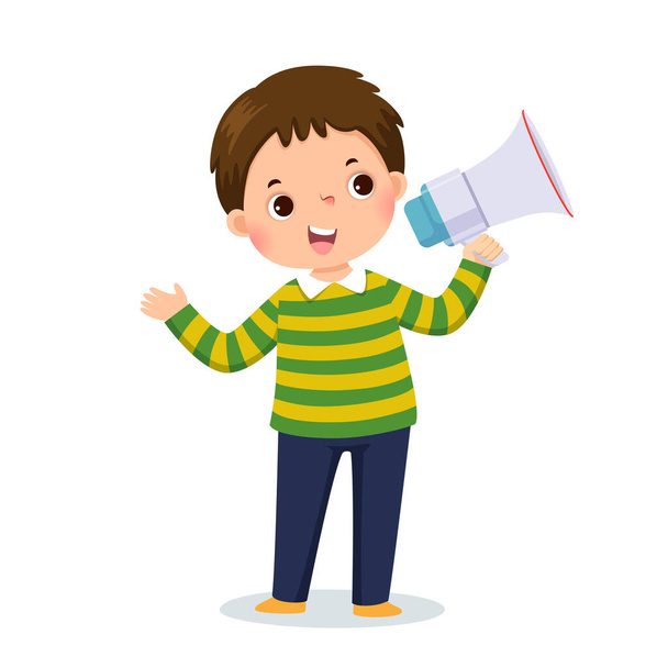 Illustrazione vettoriale cartone animato di un bambino urlando dal megafono e mostrando la sua mano. - Vettoriali, immagini
