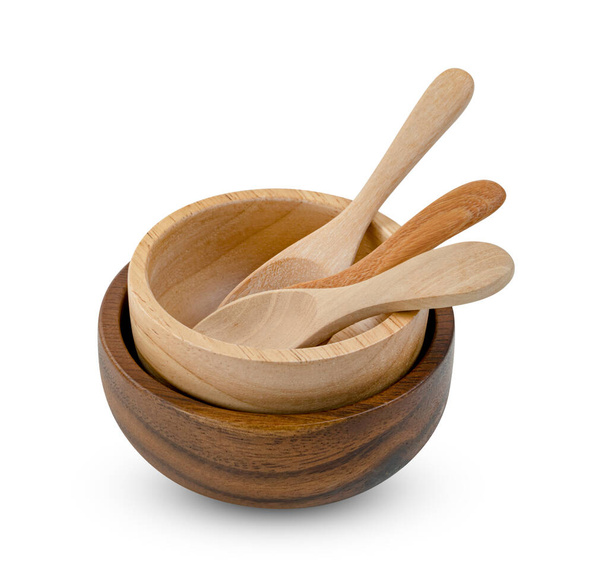 Wooden bowl and spoon isolated on white background ,include clipping path - Photo, Image