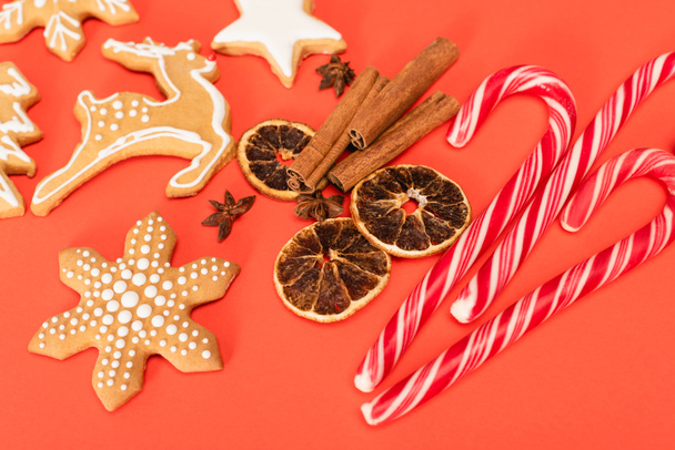 top view of candy canes, spices and gingerbread cookies on red background - Φωτογραφία, εικόνα