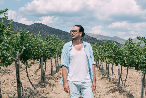 Druivenoogst en een man in een wijngaard in de late zomer. Een jongeman staat op een groot veld met rijen wijnstokken op een zonnige dag. Wijntoerisme. - Foto, afbeelding