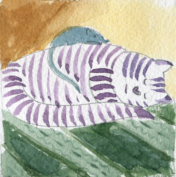 Детская иллюстрация, акварель, Дружба кошек и мышей - Вектор,изображение