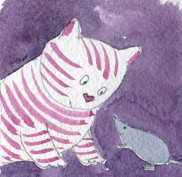 Детская иллюстрация, акварель, Дружба кошек и мышей, векторная иллюстрация - Вектор,изображение