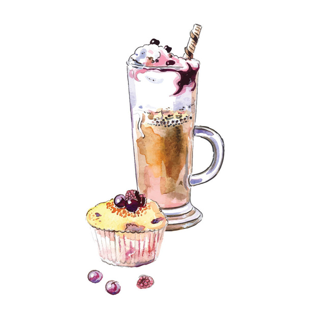 Glass of ice cream with tubule and muffin cake, cupcake, vector - Vektor, kép