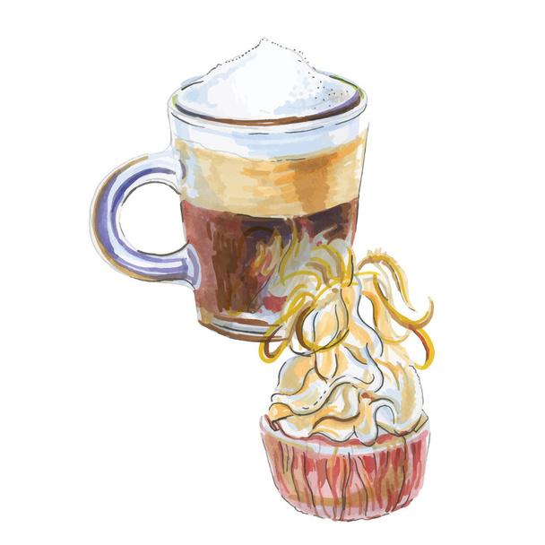 Watercolor coffee espresso in glass, pink cupcake with cream, vector illustration - Vector, Image