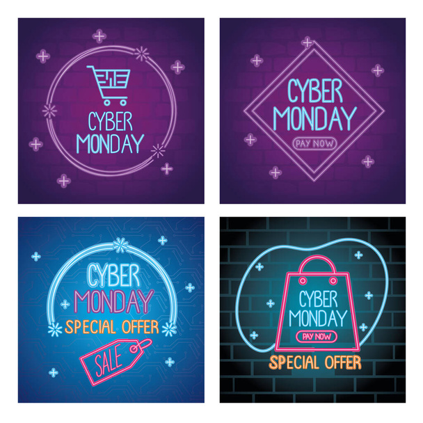 cyber monday neon letterings in colors templates - Vector, Image
