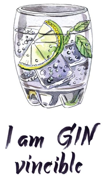 I'm Ginvincible, glass of gin and tonic, hand drawn, watercolor Illustration, vector illustration - Vector, Image