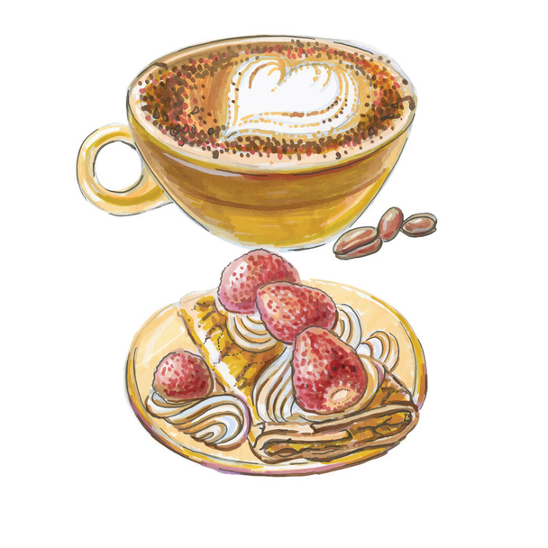 Акварель кофе марочино, торт, французский десерт деликатесы Парижа, векторная иллюстрация - Вектор,изображение