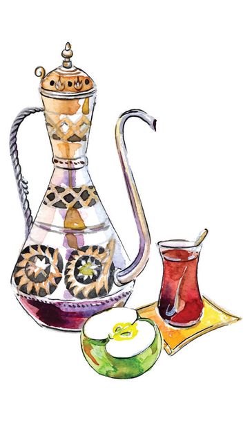 Античний турецький чайник, чашка чаю, розрізане яблуко, акварель Ілюстрація, Векторні ілюстрації
 - Вектор, зображення